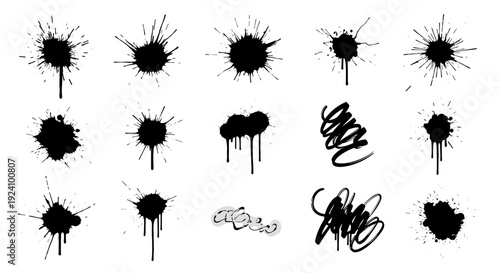Collection of black ink splatters and scribbles