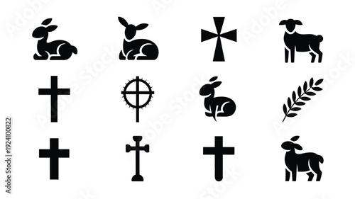 Collection of black christian symbols including crosses lambs and wheat on white background representing faith and spirituality
