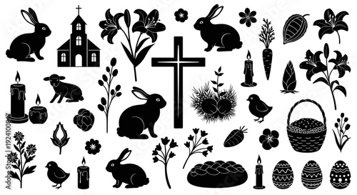 Collection of black silhouette easter symbols and spring elements