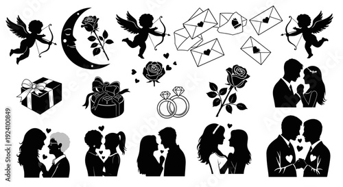 Silhouettes of couples and romantic symbols