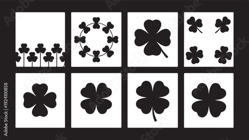 Eight distinct black and white panels display various silhouette arrangements of three and four leaf clovers