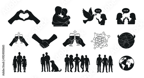 Collection of black silhouette icons representing love teamwork and communication