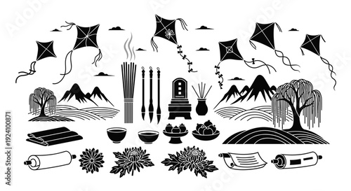 Collection of traditional japanese food utensils and natural elements