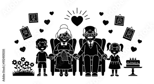 Family celebration with grandparents children and cake