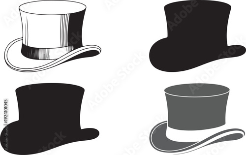 Four stylish top hat illustrations in different monochrome variations on a clean white background