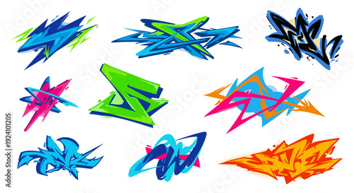 Collection of colorful graffitistyle lightning bolt illustrations