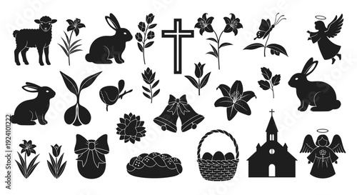 Collection of black silhouette easter symbols and spring icons