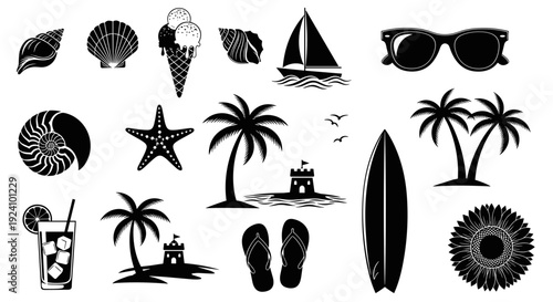 Collection of black silhouette summer beach and vacation icons