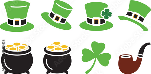 St Patricks Day icons showing green top hats, pots of gold, a shamrock, and a smoking pipe