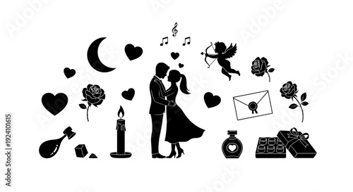 Silhouette of romantic couple with hearts roses and love symbols