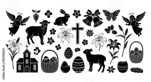Silhouette collection of animals plants and religious symbols