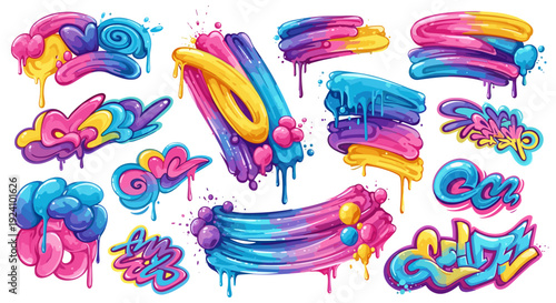 Collection of colorful graffiti spray paint strokes and splashes