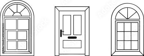 WebClassic door and window outline icons set, arched entryway vector illustration, home exterior architectural elements for construction and real estate