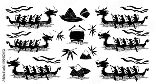 Silhouette of traditional boat and island scene in black and white