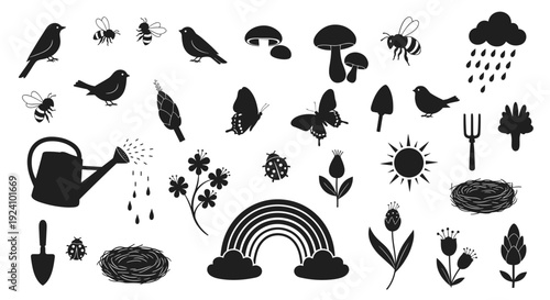 Collection of various nature elements and outdoor objects in black