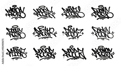 Collection of black graffiti tags with various styles and designs
