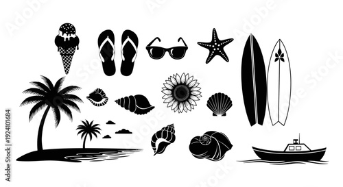 Collection of beach and ocean themed icons including palm trees