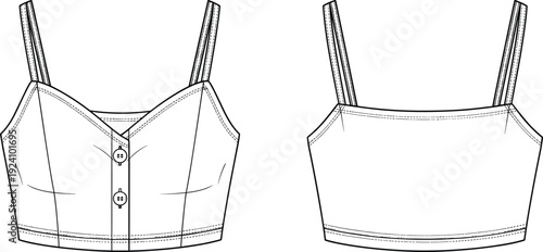 WebButton front cropped camisole technical fashion illustration, front and back view of a summer tank top vector sketch for design