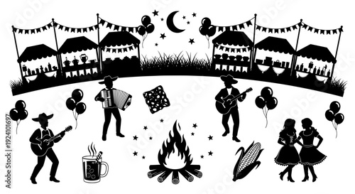 Silhouette of people playing musical instruments around campfire at night