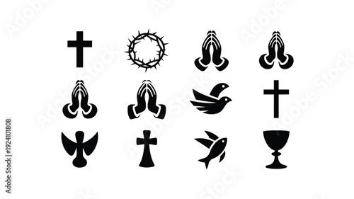 Collection of christian symbols including crosses doves chalices and praying hands on a white background representing faith and spirituality