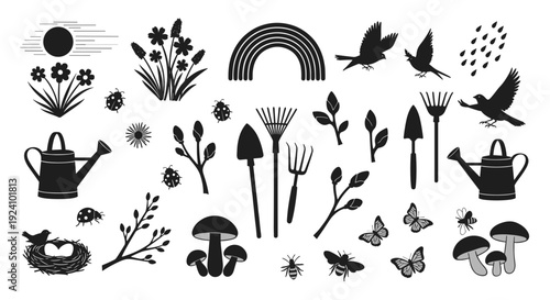 Collection of gardening tools plants flowers butterflies and birds