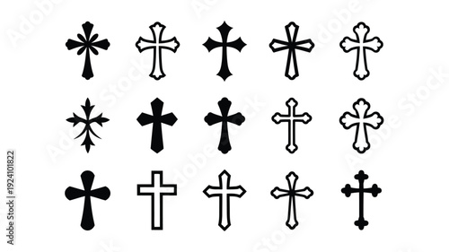 Collection of various black and white cross symbols in different styles and designs on a plain white background ideal for religious or symbolic use
