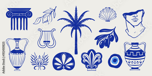 Hand drawn mediterranean Greece set with palm tree, antique vase and sculpture emblem. Vector illustration.