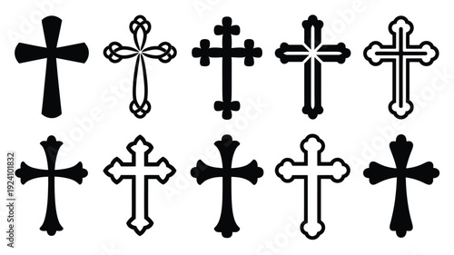 Collection of black and white christian cross symbols in various designs and styles on a white background ideal for religious or spiritual themes