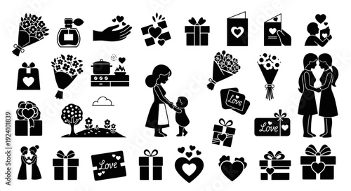 Collection of black silhouette icons depicting love gifts and celebrations