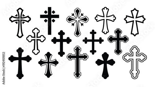 Collection of diverse christian cross symbols in various styles and designs black and white on a plain white background vector illustration
