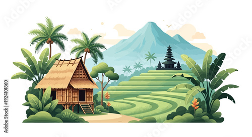 Bali village vector with bamboo hut, rice terraces, palm trees, and temple silhouette with mountain backdrop. Ideal for travel, tourism, tropical landscape, and Indonesian culture design.
