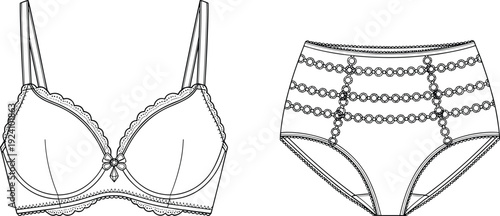 WebLace trim push up bra and high waisted panty with decorative chain pattern, feminine lingerie set vector line art illustration