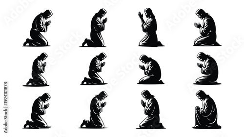 Collection of praying person illustrations in various postures and kneeling positions with simple black and white design on white background