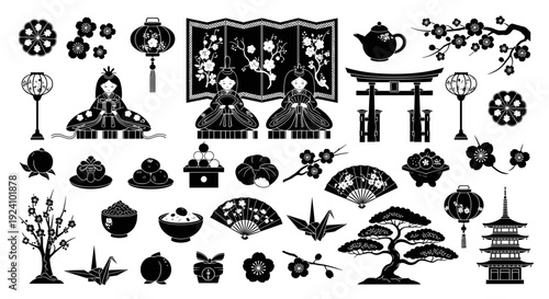 Collection of traditional japanese festival decorations and symbols