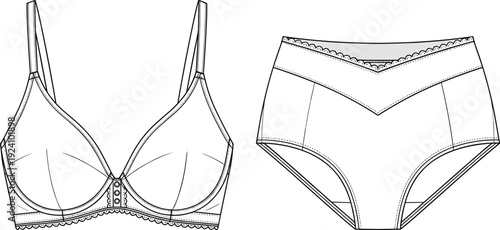 WebLingerie Set Technical Vector Flat Sketch, Lace Trim Bra and High Waisted Panty Underwear Design Template, Female Apparel CAD Illustration