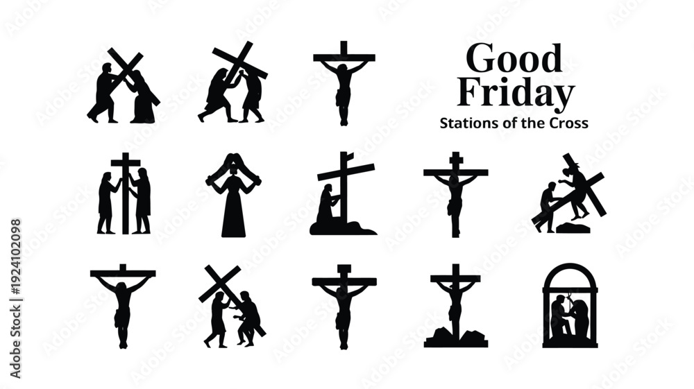 Obraz premium Good friday stations of the cross icons set christian symbols black silhouettes on white background religious illustrations