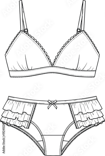 WebLingerie vector set featuring a triangle bralette with scalloped trim and ruffled high-waisted panties with a bow, fashion technical sketch.