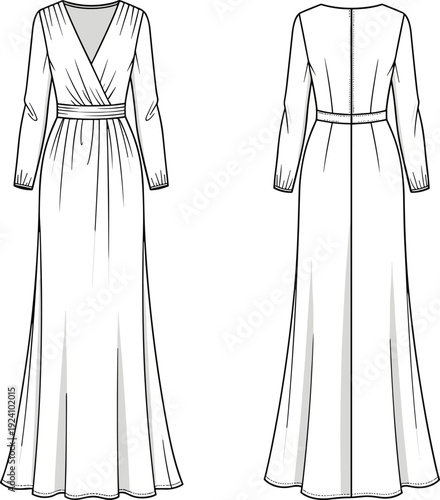 WebLong sleeve surplice v-neck maxi dress technical fashion illustration, front and back view of a pleated waist evening gown vector