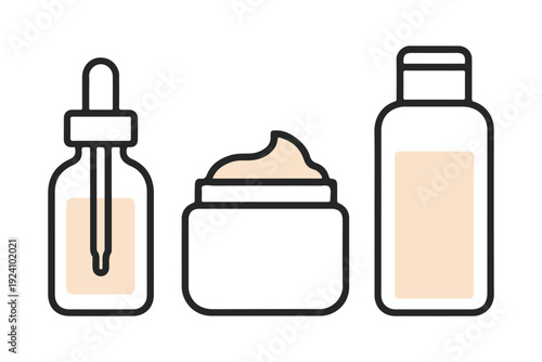 Minimal Outline Skincare Cosmetics Vector Illustration with Serum Dropper Bottle, Cream Jar and Toner – Clean Monoline Flat Icon Style, Black Line Art with Light Nude Accent, SVG on White Background