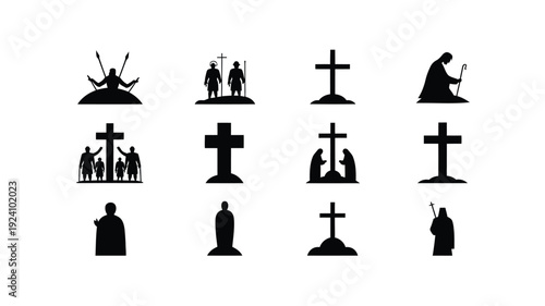 Collection of black silhouette icons depicting religious and spiritual themes featuring crosses praying figures and people gathering around crosses on various grounds in simple