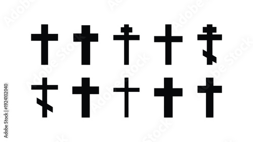 Collection of black christian cross symbols arranged in two rows on white background varying in design and style representing faith and spirituality