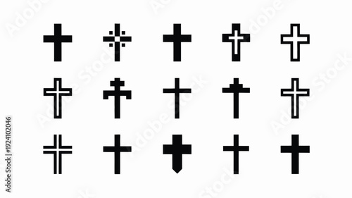 Collection of diverse christian cross symbols in various styles and designs on white background for religious and faith themed projects