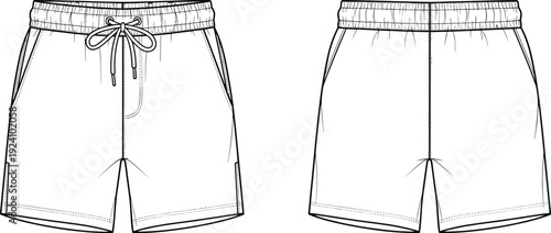 Webshorts, vector, sketch, technical, template, apparel, fashion, clothing, waistband, drawstring, casual, menswear, garment, illustration, design,