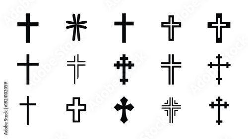 Collection of 16 unique black cross symbols on white background varying in style and design with different shapes and patterns