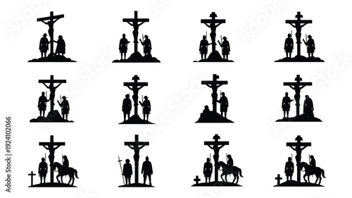 Collection of black silhouettes depicting the stations of the cross with various figures and crosses on hillocks