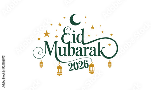 Eid Mubarak 2026 greeting with crescent moon stars and lanterns