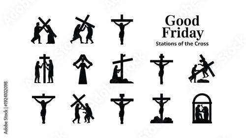 Good friday stations of the cross icons set christian symbols black silhouettes on white background religious illustrations
