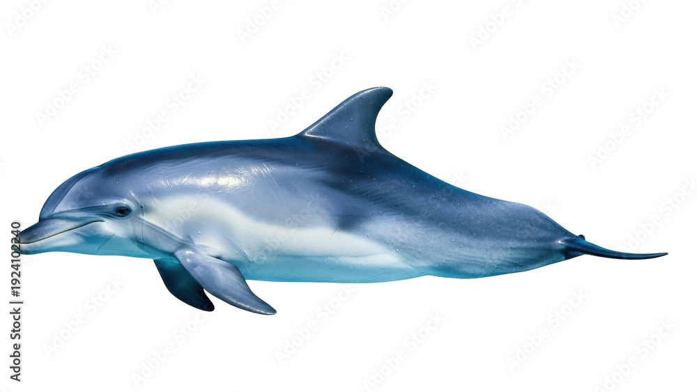 Fototapeta premium Isolated, blue dolphin swimming, side view, close-up, aquatic mammal, in ocean, no people