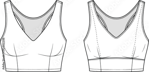 WebTechnical vector fashion illustration of women's intimate apparel including floral underwire bra, lace-trim panties, classic t-shirt bra, and V-neck bralette.