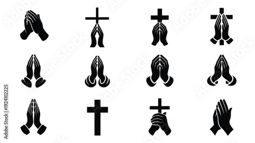 Praying hands and christian cross symbols set in black silhouette on white background faith and spirituality icons